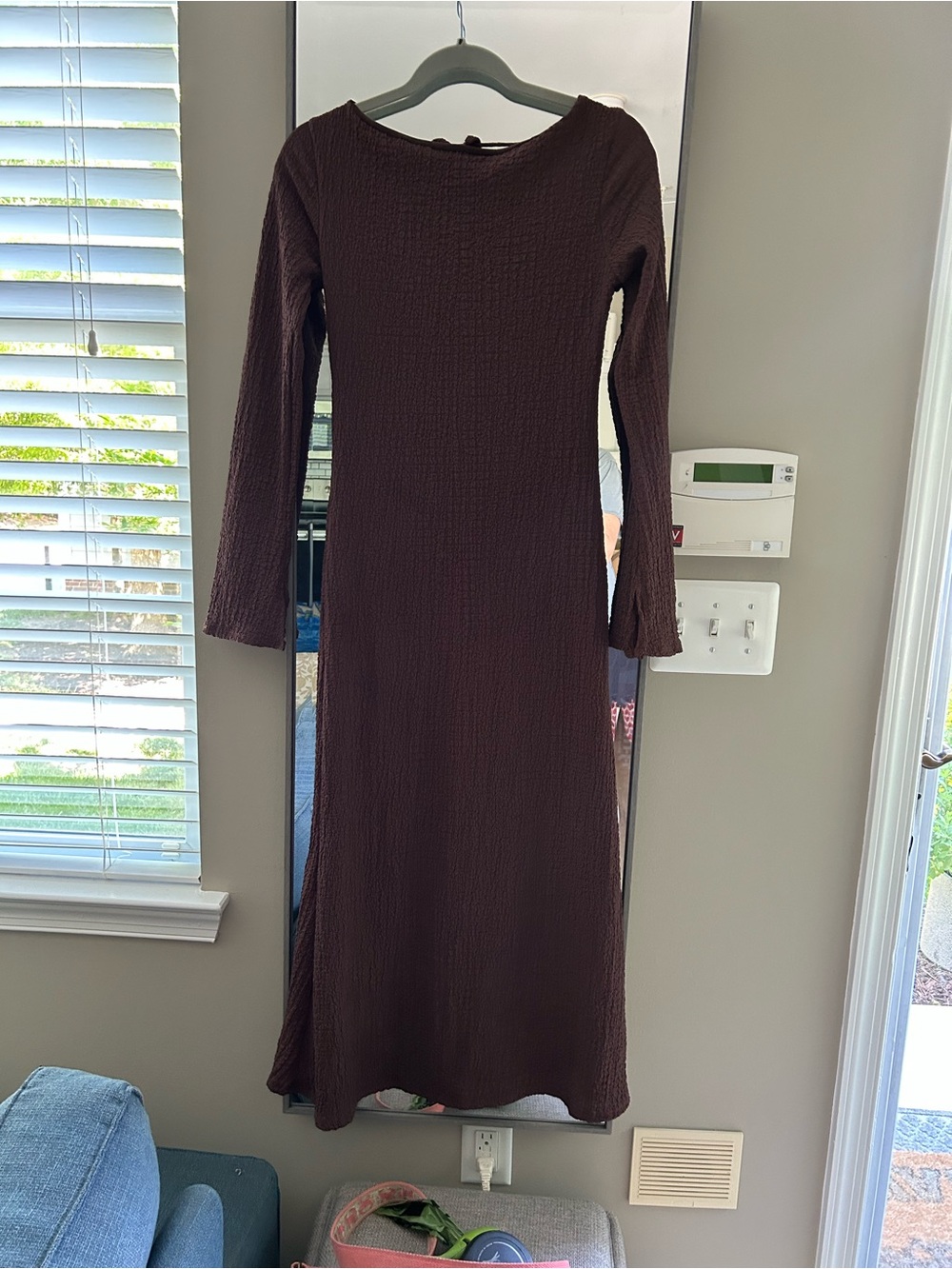 See You Monday Long Sleeve Textured Midi Dress - Dark Brown